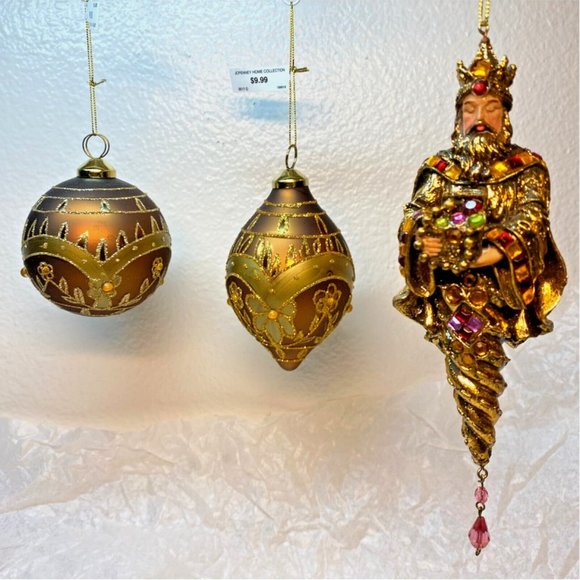 Brown W Gold Decor Glass Ball Teardrop N A King Christmas Ornaments Set of 3 - Picture 3 of 11